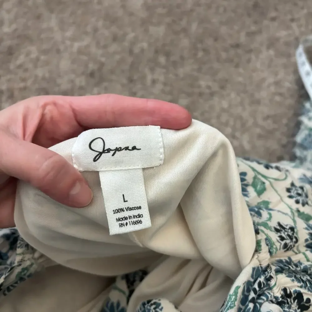 Japna Floral Midi Dress Large 100% Viscose Blue Cream Boho Block Print V-Neck L - Picture 10 of 11